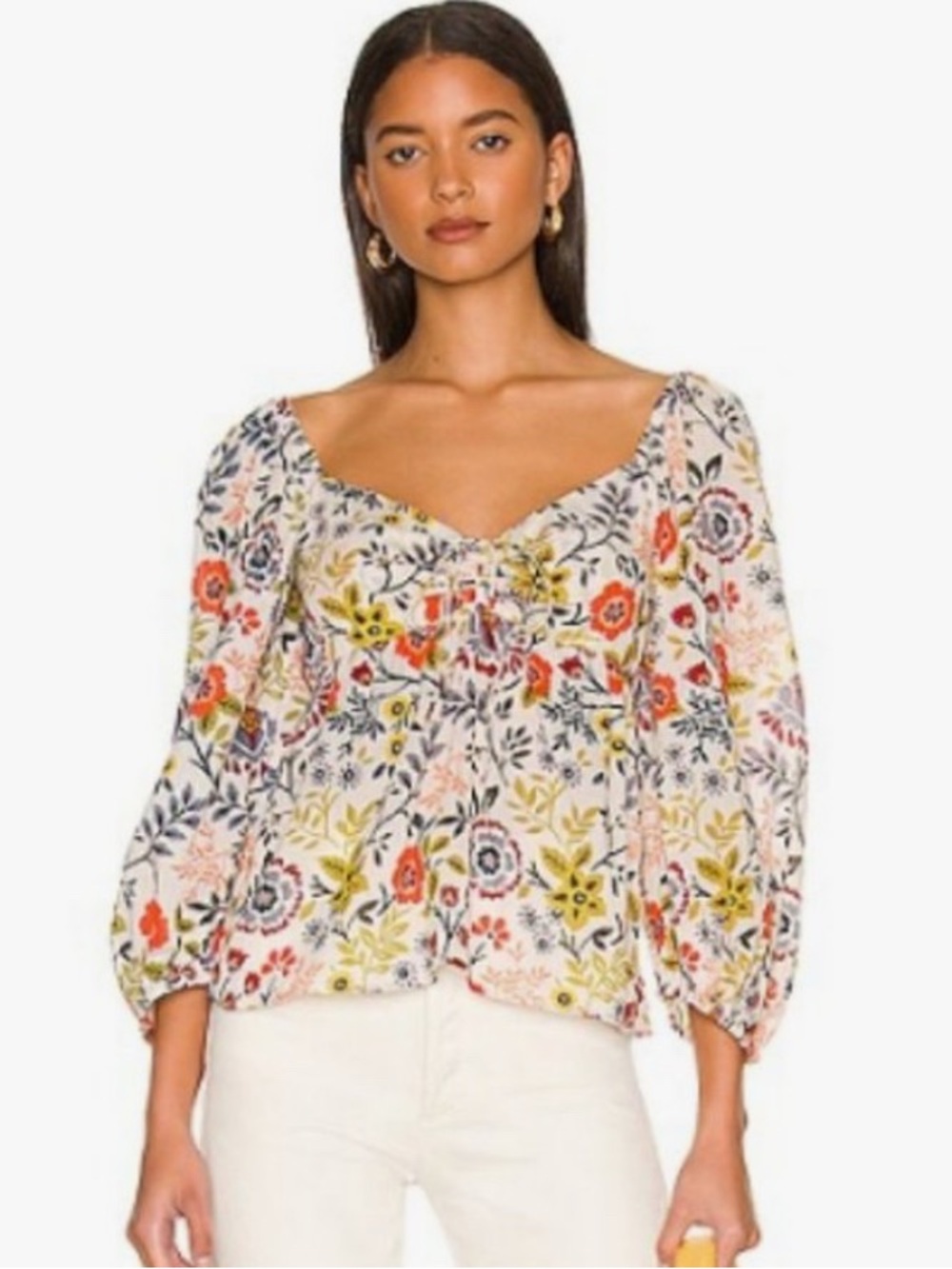 NEW Velvet by Graham & Spencer Cream Floral Scoop-Neck Peasant Top